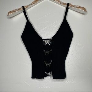 BLACK RIBBED TANK TOP W SILVER EDGY BUTTERFLY CHAINS SZ S